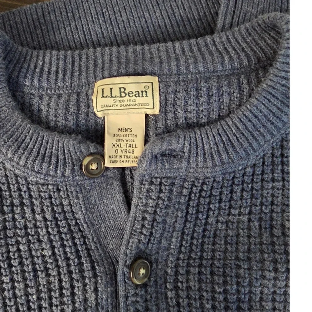 LL Bean Henley Sweater XXL Tall Pullover Chunky Blue Cotton/Wool Grandpa‎